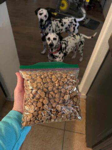 Homemade crunchy peanut butter dog training treats baked in a silicone mold and packed in a clear bag, ideal for positive reinforcement.